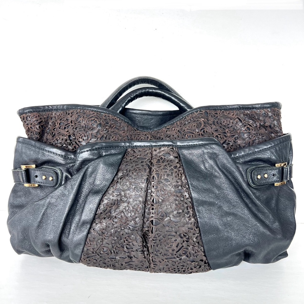CC SKYE USA Black w Brown Cutout Laser Cut Leather Oversized Shoulder Bag Tote
